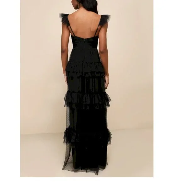 Elegant Black Tiered Tulle Evening Dress - Picture 2 of 9